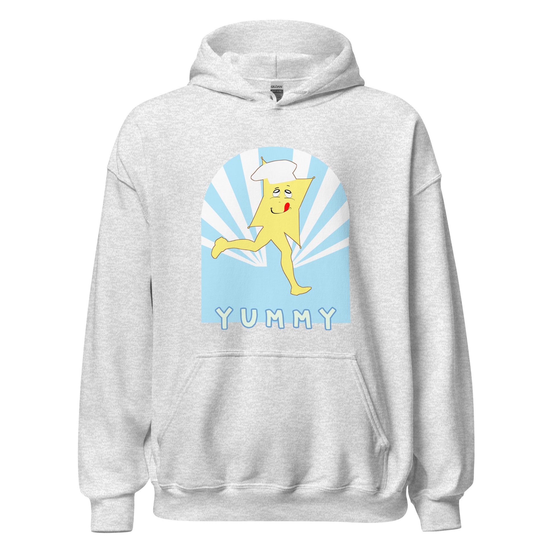 Yummy Runner hoodie in heather ash featuring retro sunburst design with yellow character in chef hat on blue radiating background