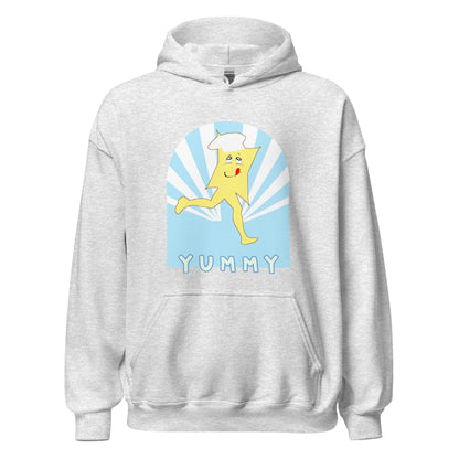 Yummy Runner hoodie in heather ash featuring retro sunburst design with yellow character in chef hat on blue radiating background