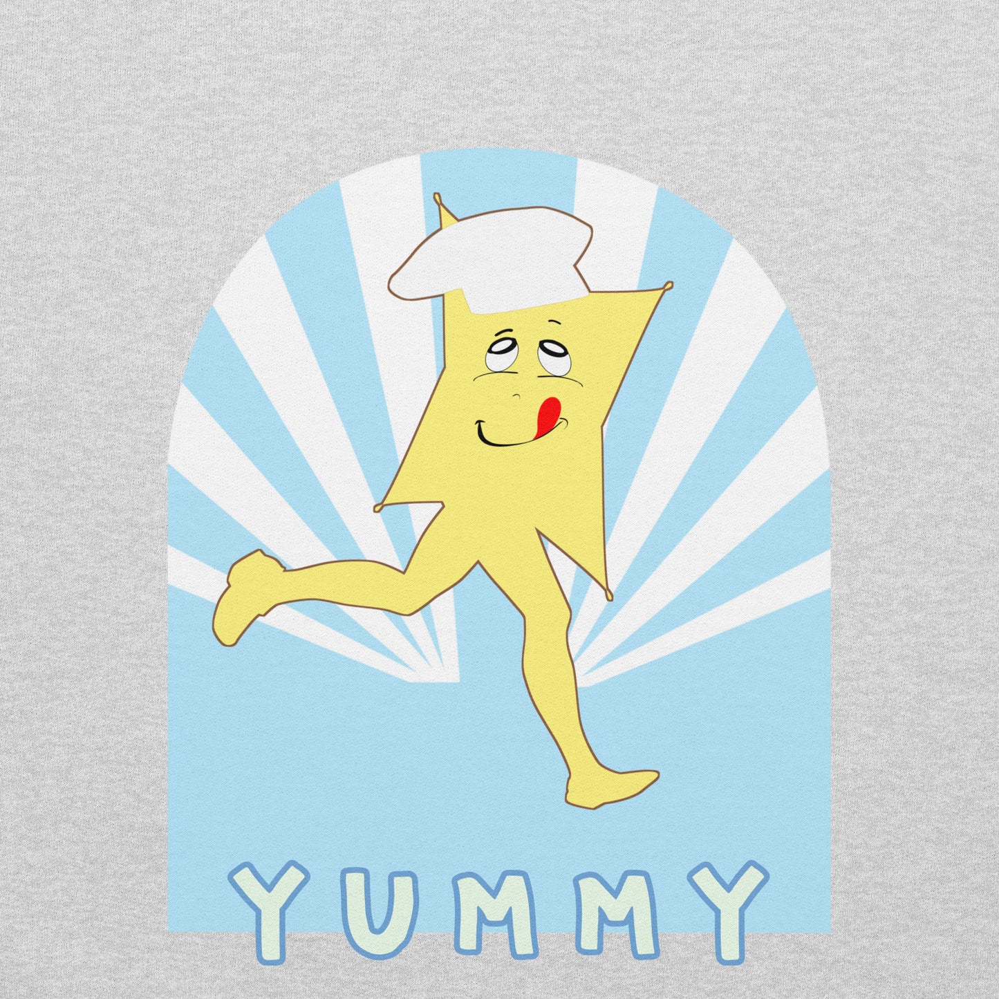 Cartoon character of a yellow star with a chef's hat on a gray background with 'YUMMY' text.