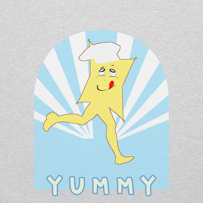 Cartoon character of a yellow star with a chef's hat on a gray background with 'YUMMY' text.