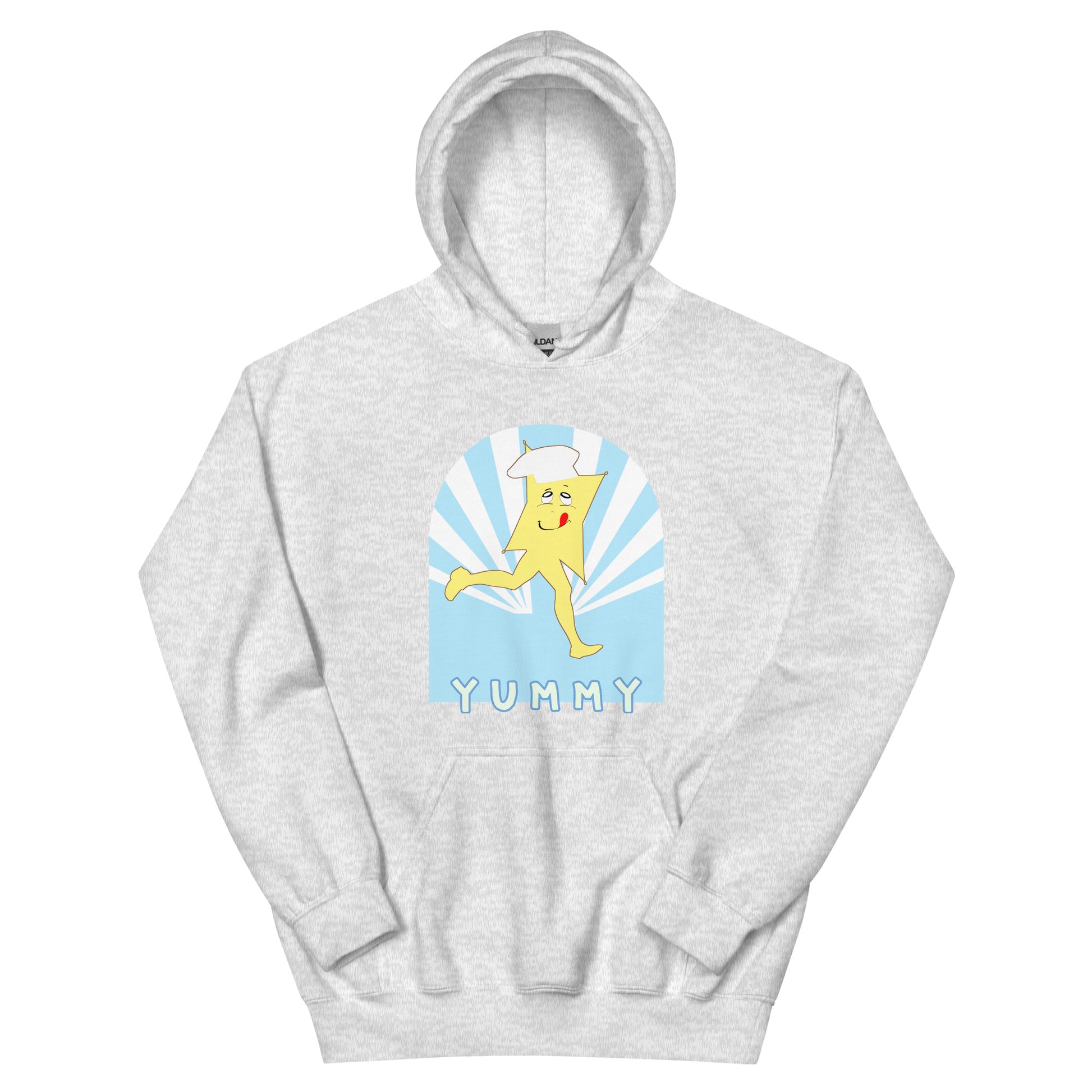 Gray hoodie with a cartoon character and 'Yummy' text on a white background