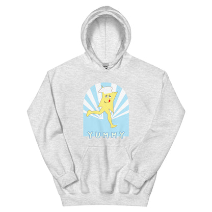 Gray hoodie with a cartoon character and 'Yummy' text on a white background
