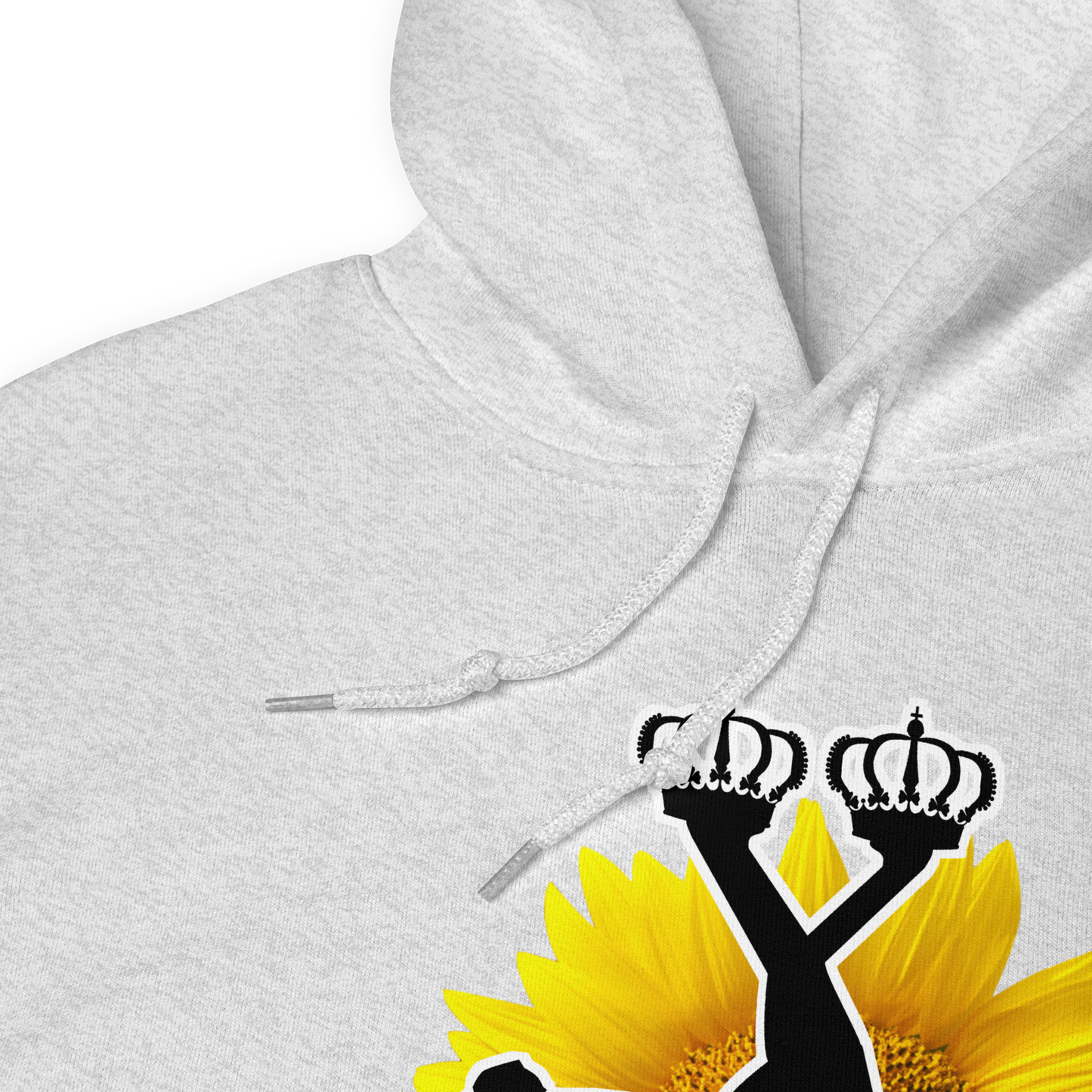 Gray hoodie with a graphic design of of the upper part of Lux with the two crowns over a yellow flower. Lux is in the black edition