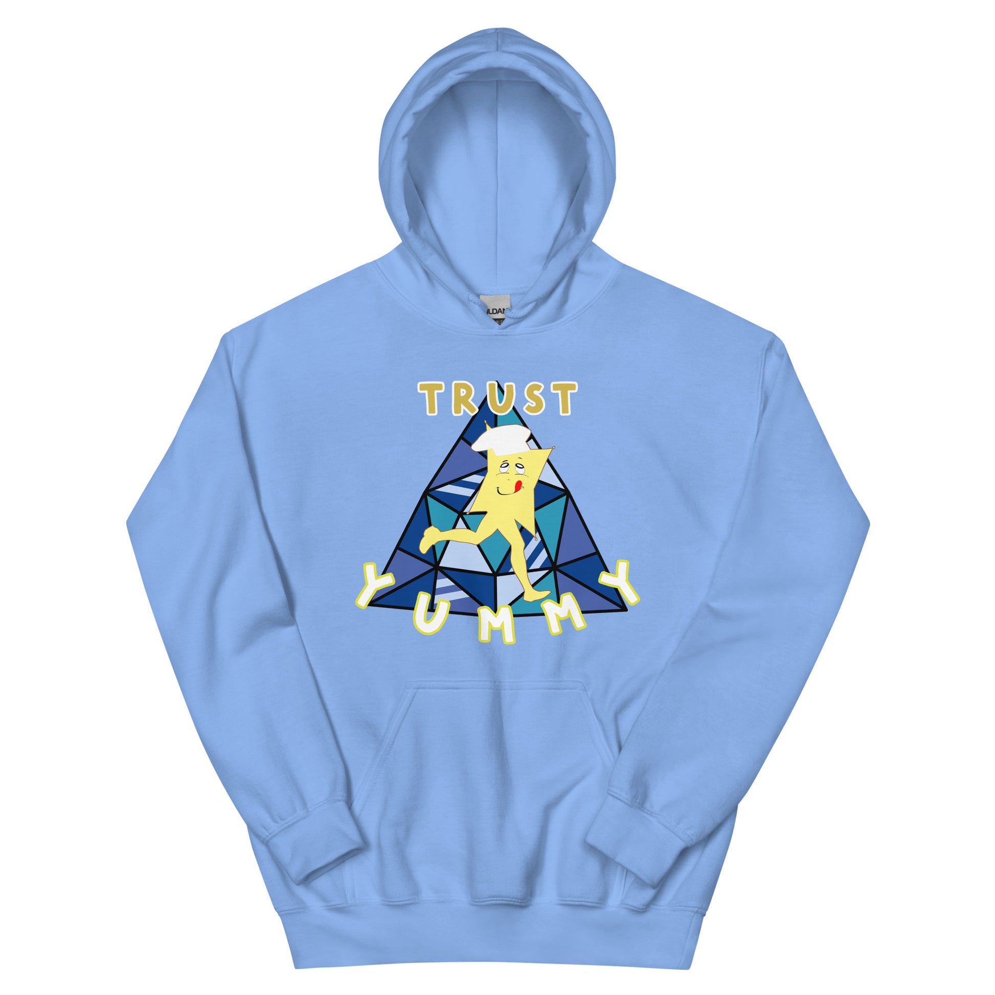 Light blue hoodie with a graphic design featuring a yellow character and text on a white background