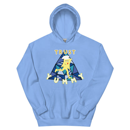 Light blue hoodie with a graphic design featuring a yellow character and text on a white background