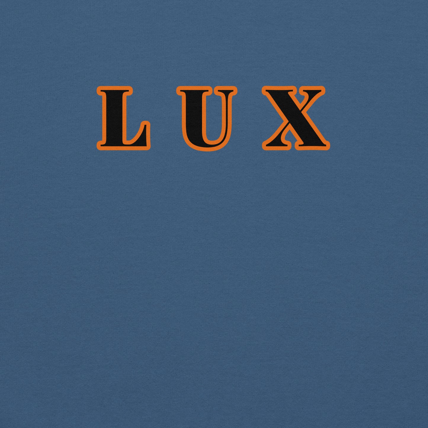 Closeup of a hoodie with the word 'LUX' in orange and black on a blue background