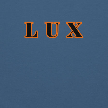 Closeup of a hoodie with the word 'LUX' in orange and black on a blue background