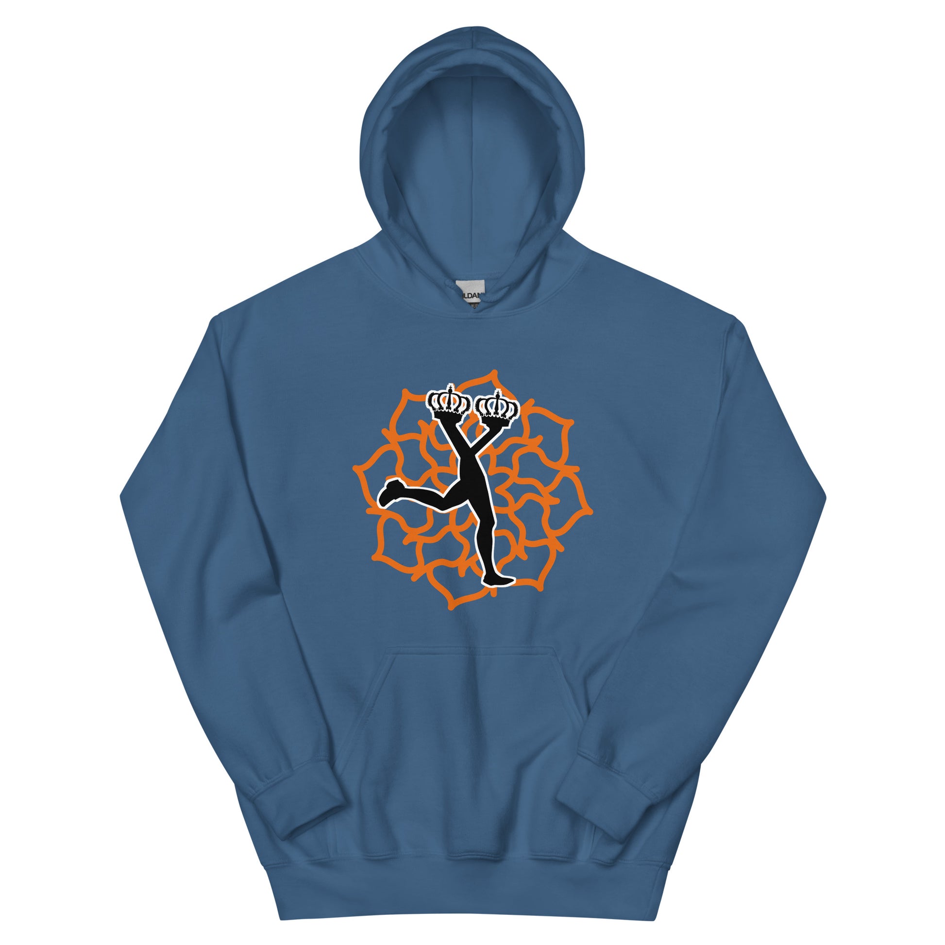 Front view of Lux Indigo Blue Hoodie featuring an orange geometric mandala graphic and the walking crown Lux character.