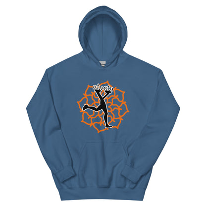Front view of Lux Indigo Blue Hoodie featuring an orange geometric mandala graphic and the walking crown Lux character.