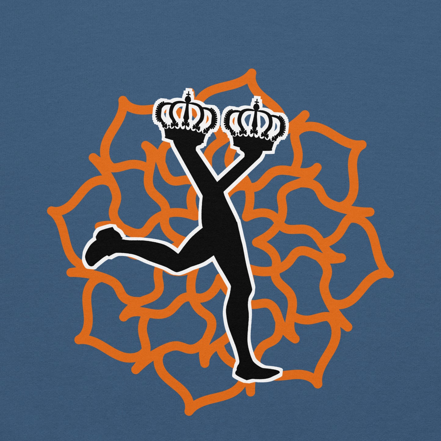 Closeup logo with a stylized figure of Lux Runner with two crowns  in a dynamic pose on an orange mandala against a blue background