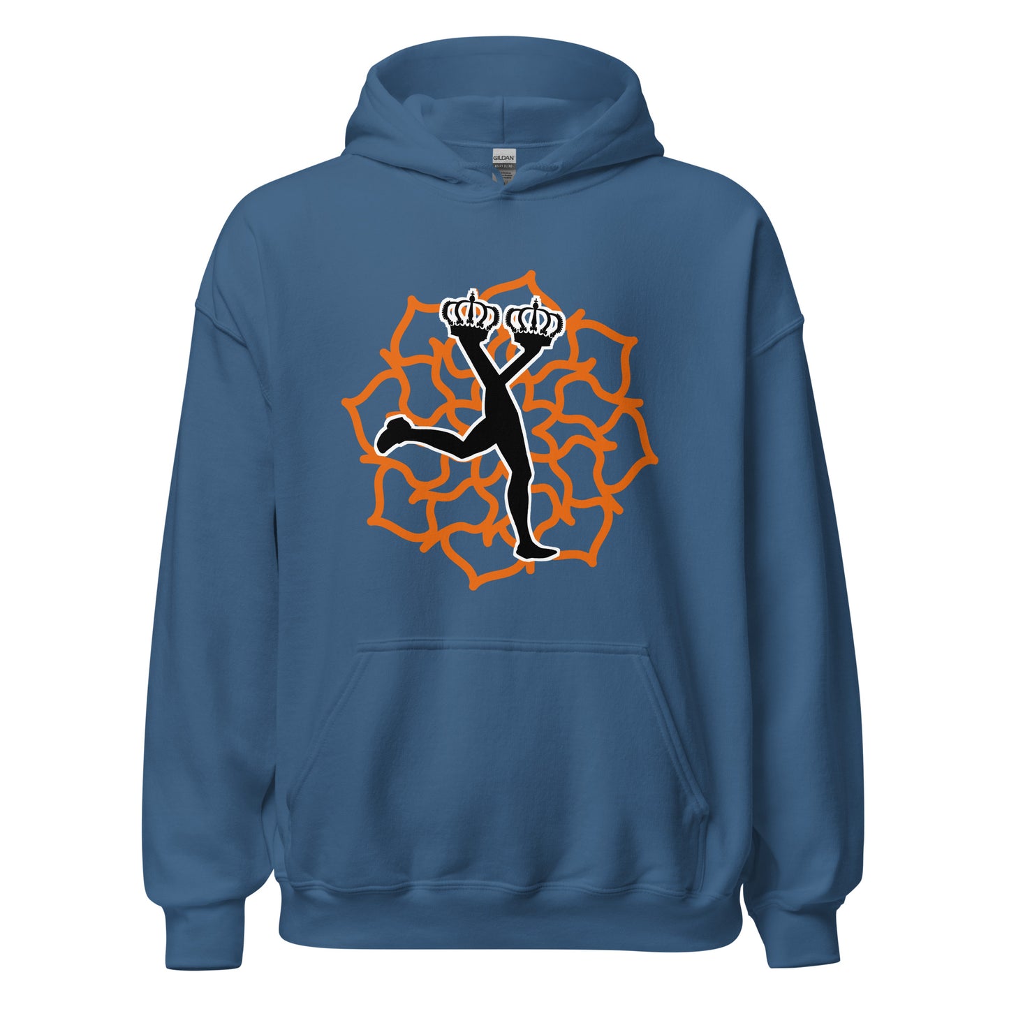 Blue streetwear hoodie with a graphic design on the front of the Lux character in the black edition and an orange mandala in the background