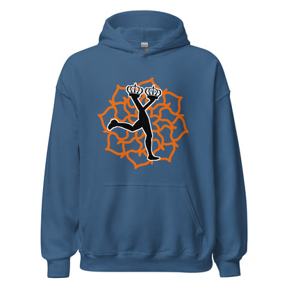 Blue streetwear hoodie with a graphic design on the front of the Lux character in the black edition and an orange mandala in the background