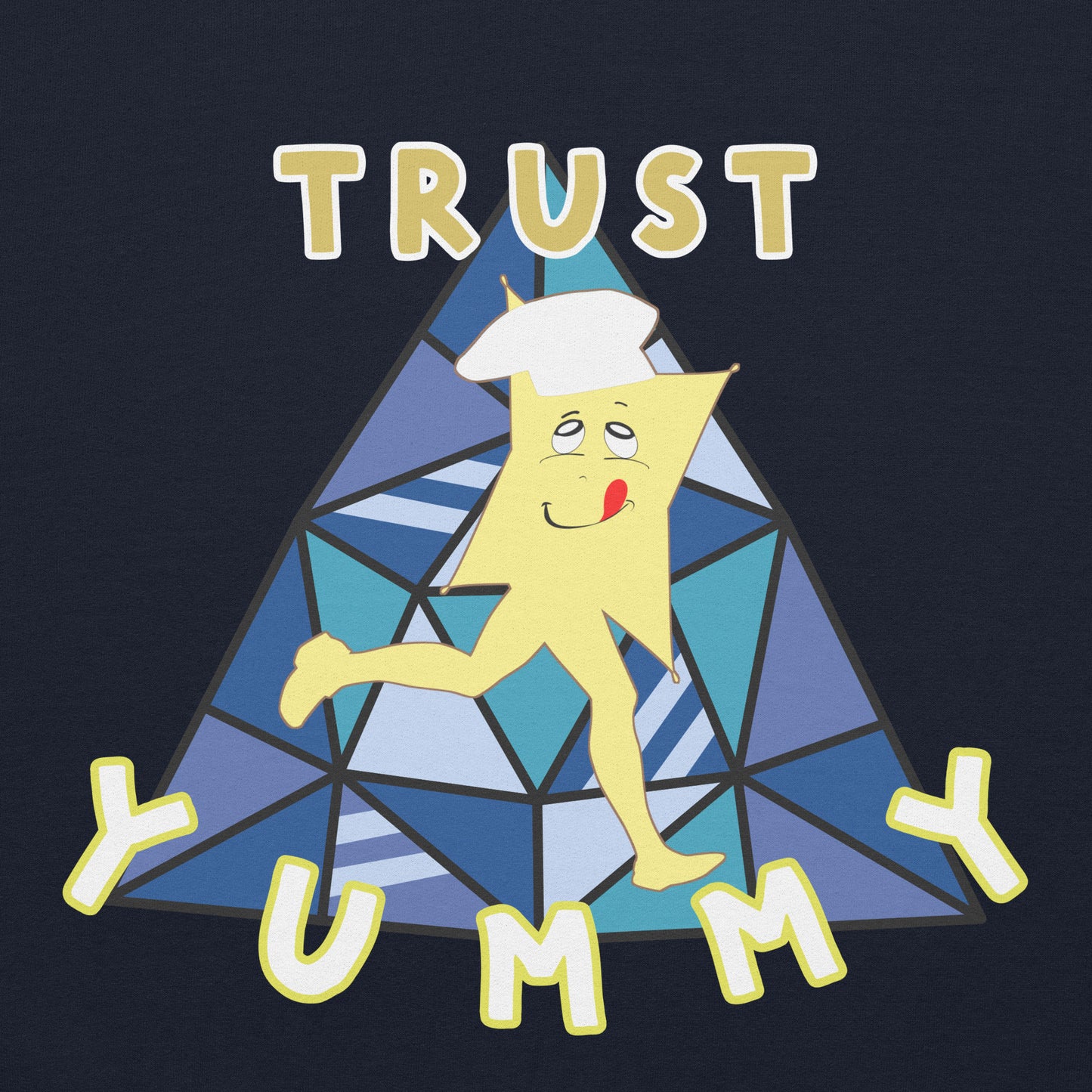 Close up of the design of the Cartoon character of Yummy in a triangle with 'Trust Yummy' text on a dark background