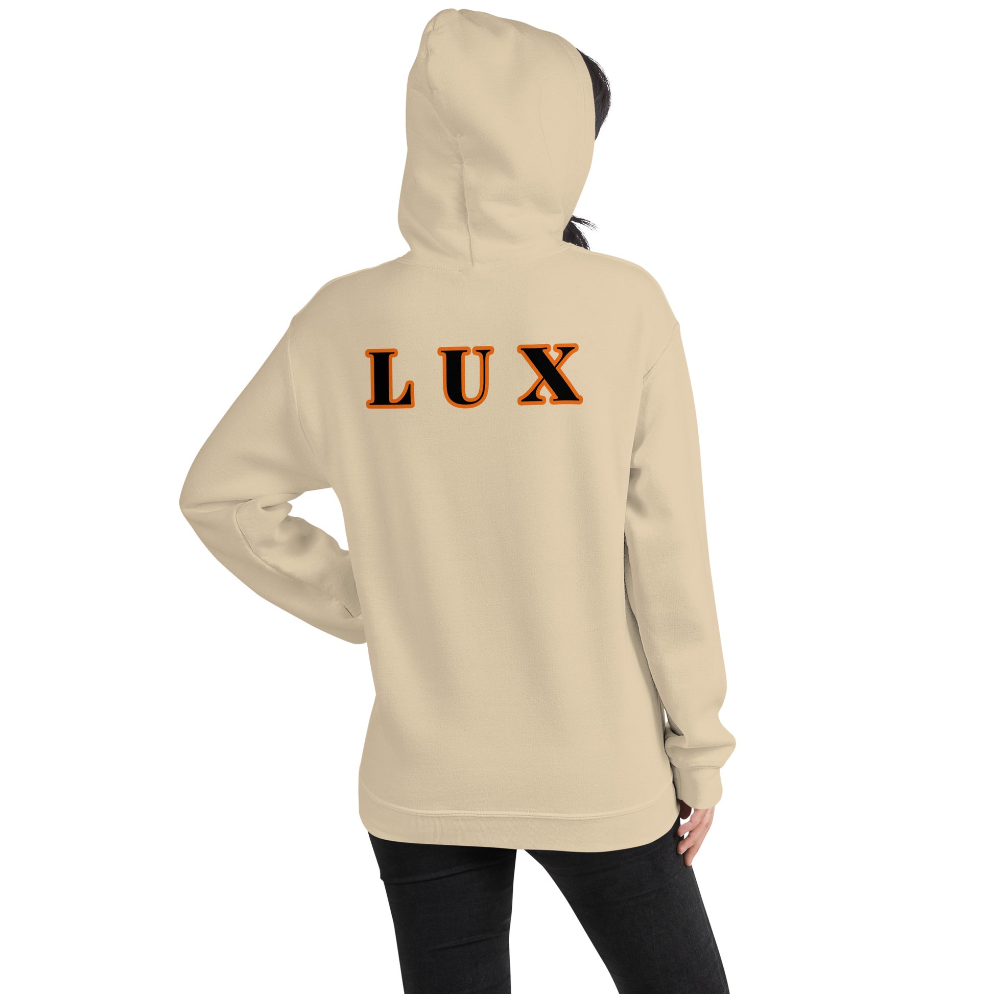 Sand hoodie with 'LUX' printed on the back against a black and orange  background