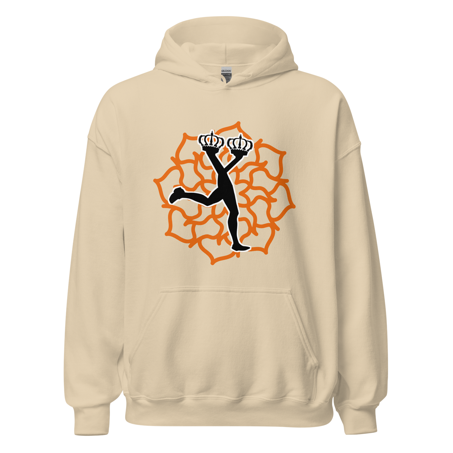 Sand  hoodie with a graphic design of the Lux mascot ina black edition on a orange mandala