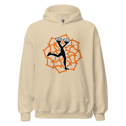Sand  hoodie with a graphic design of the Lux mascot ina black edition on a orange mandala