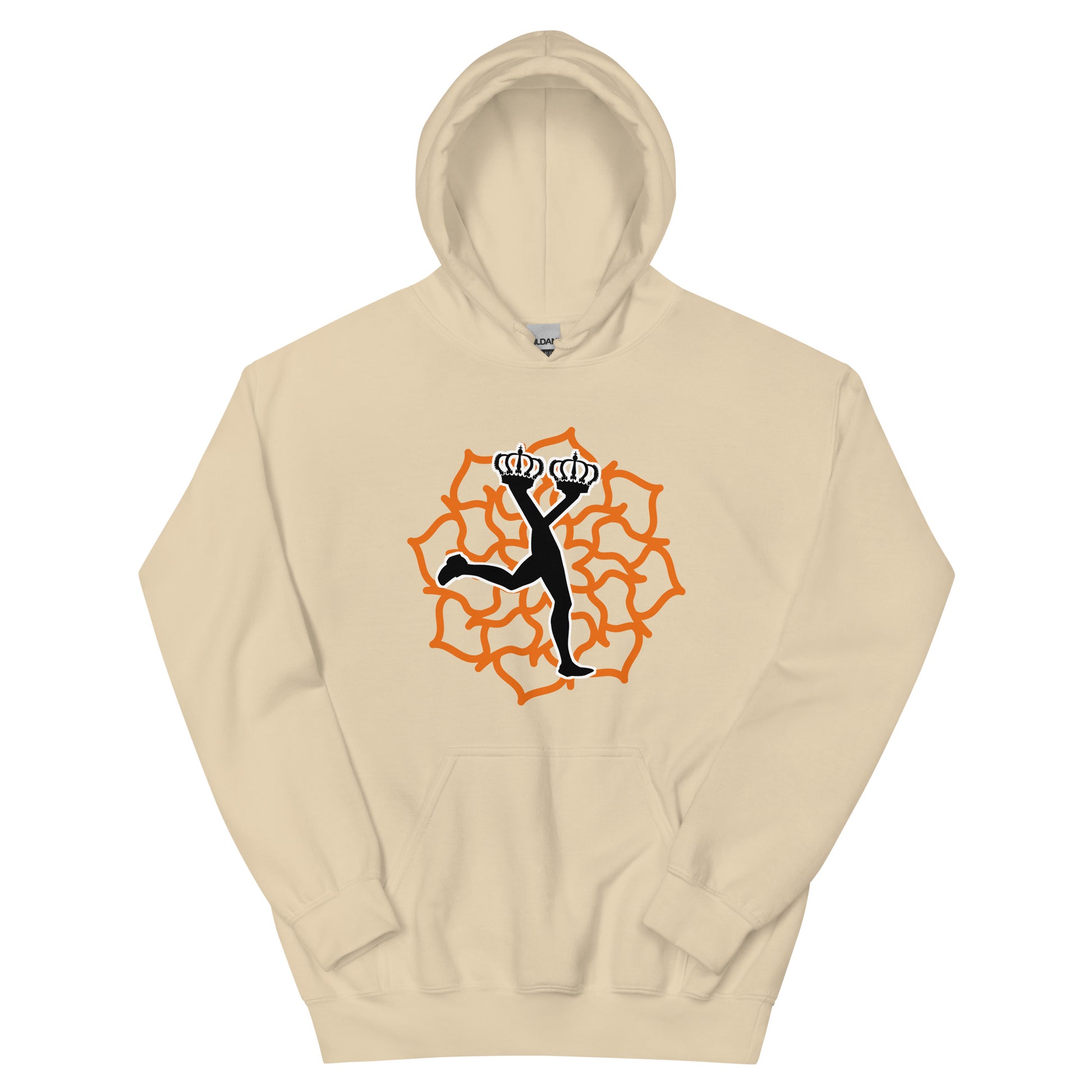 Front view of Lux Sand Hoodie featuring an orange geometric mandala graphic and the walking crown Lux character.