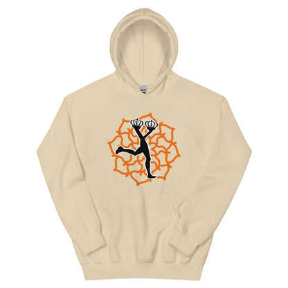 Front view of Lux Sand Hoodie featuring an orange geometric mandala graphic and the walking crown Lux character.