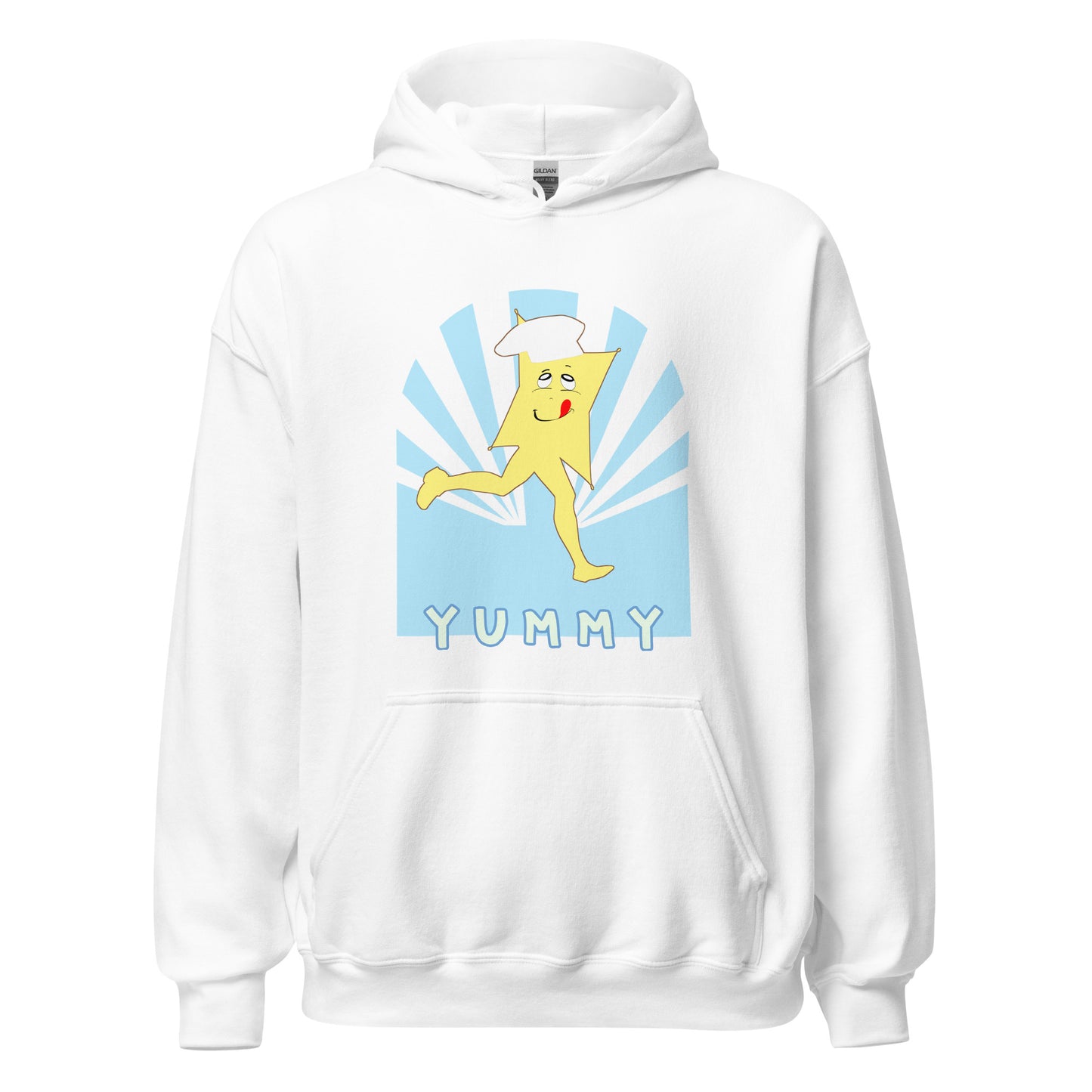 Yummy Runner white hoodie  featuring retro sunburst design with yellow character Yummy with chef hat on blue radiating background