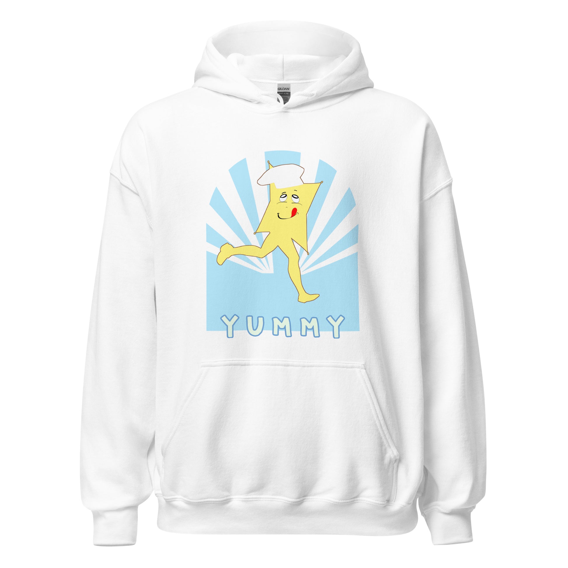 Yummy Runner white hoodie  featuring retro sunburst design with yellow character Yummy with chef hat on blue radiating background