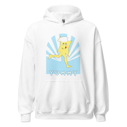 Yummy Runner white hoodie  featuring retro sunburst design with yellow character Yummy with chef hat on blue radiating background