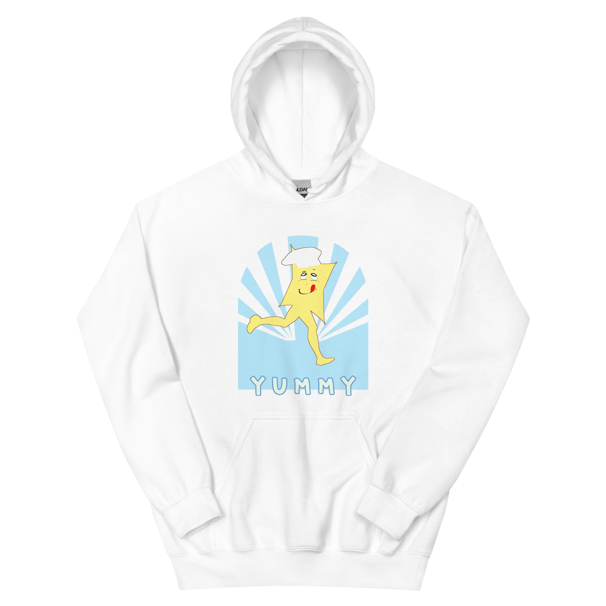 White hoodie with a cartoon character and 'Yummy' text on a white background