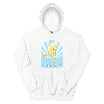 White hoodie with a cartoon character and 'Yummy' text on a white background