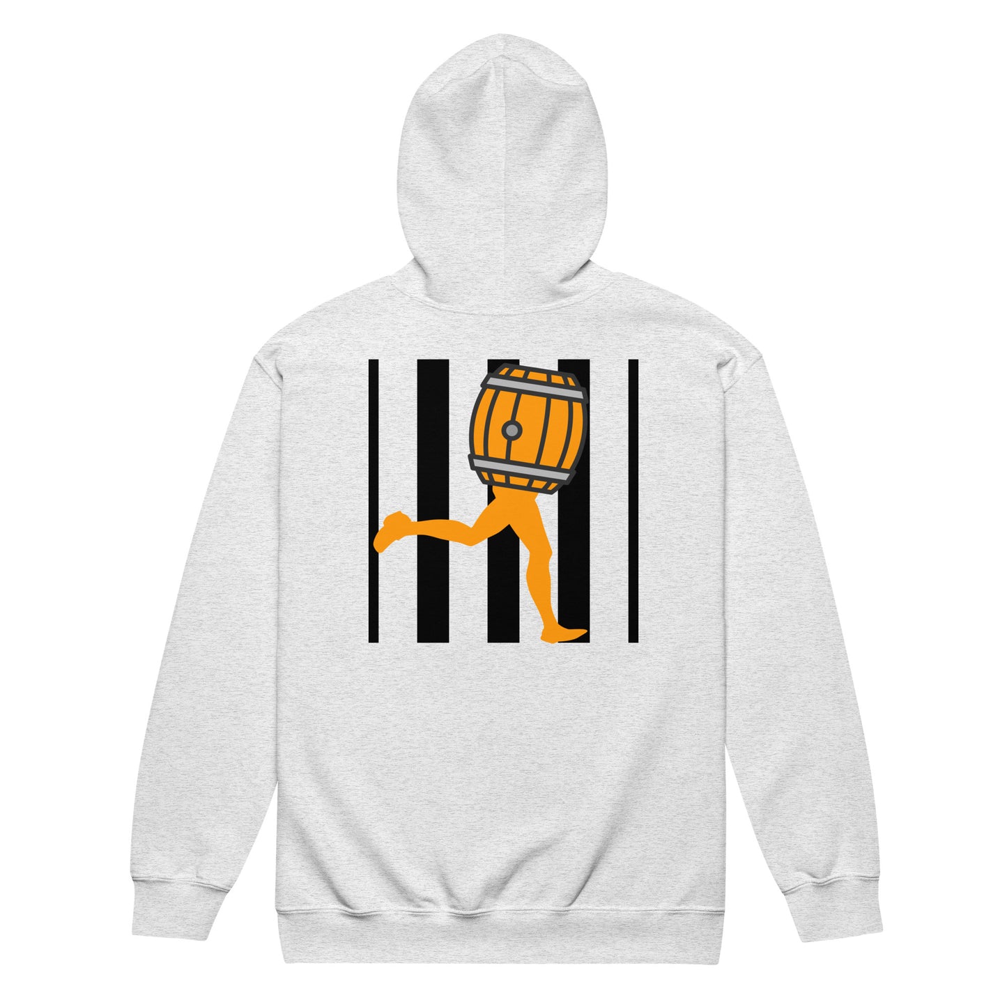 Back view of a gray graphic  hoodie with a unique design of Bacchus and black lines 