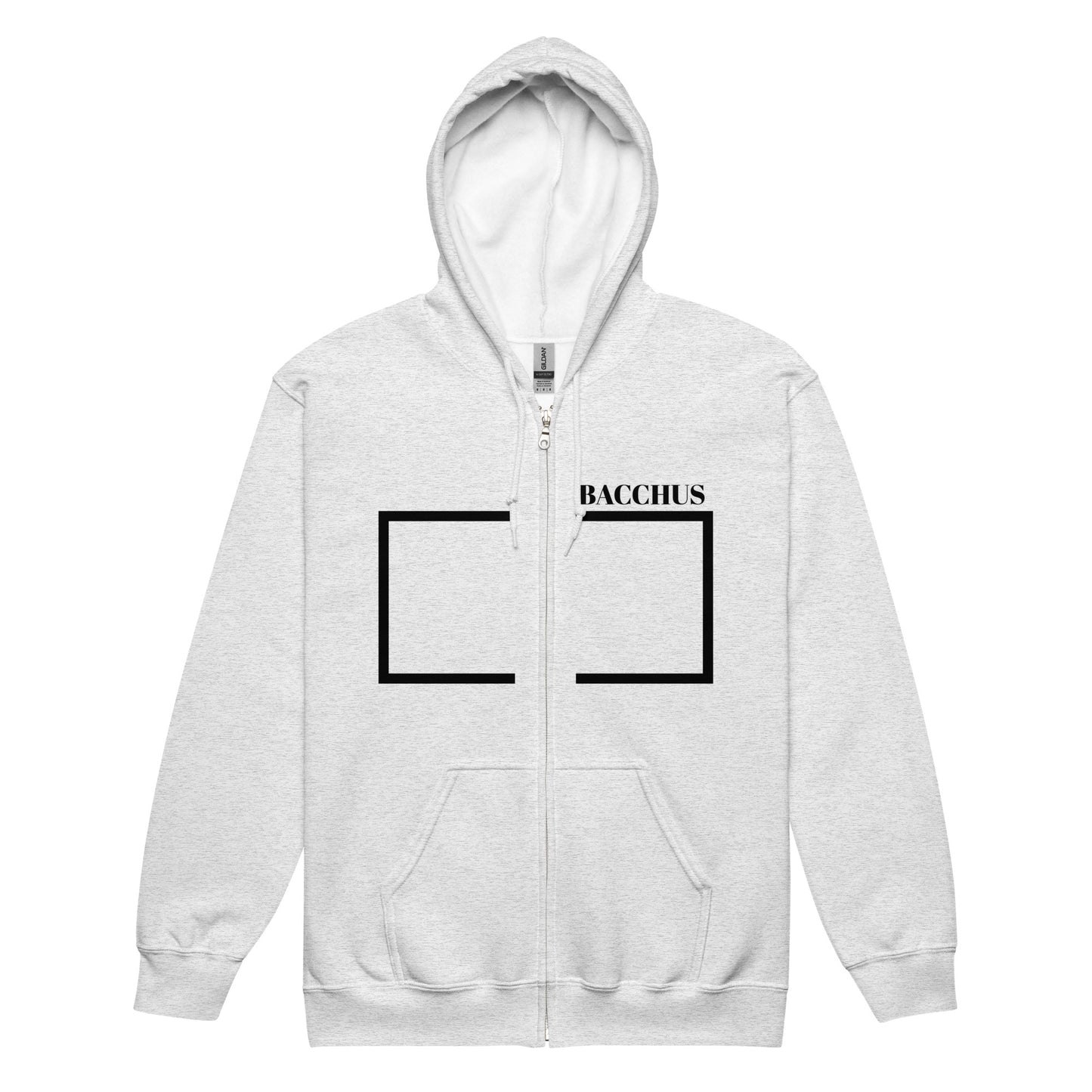 Front view of a gray zip  hoodie with 'Bacchus' text in the upper chest and a black rectangle 