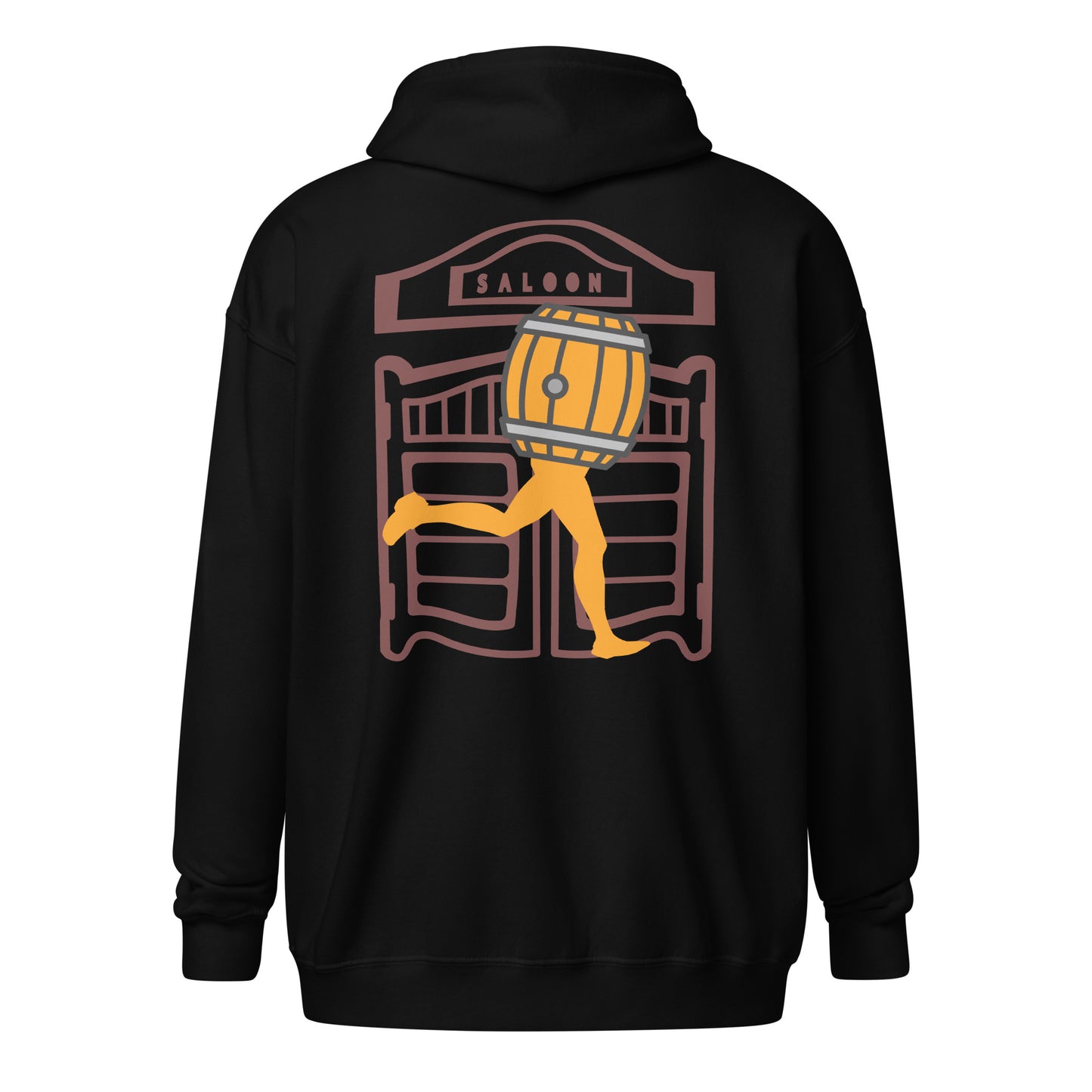 Black funny streetwear hoodie with a graphic design of a barrel with legs and saloon door on the back