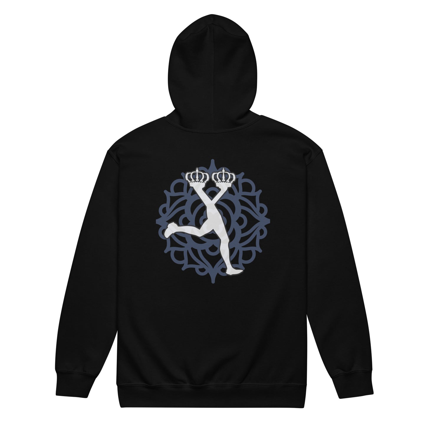 Black hoodie with a white graphic design on the back against a white background