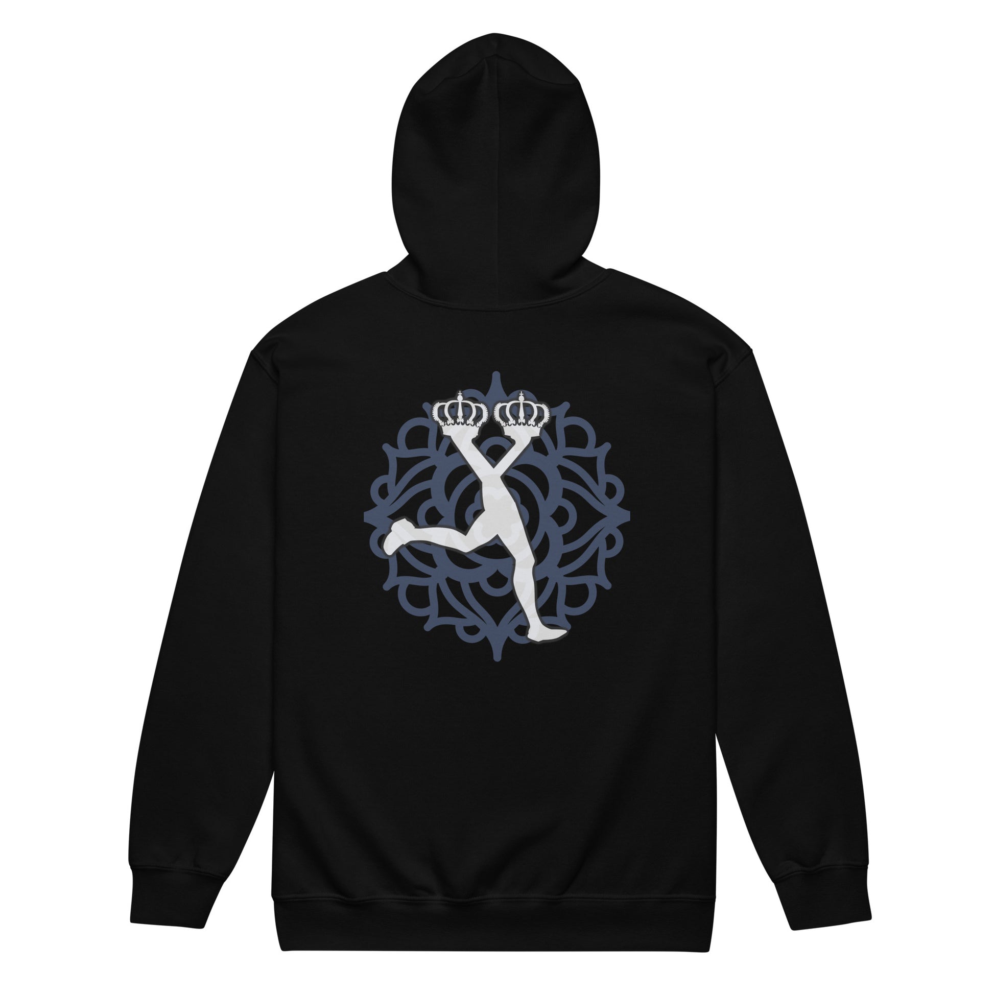 Black hoodie with a white graphic design on the back against a white background