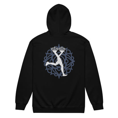 Black hoodie with a white graphic design on the back against a white background