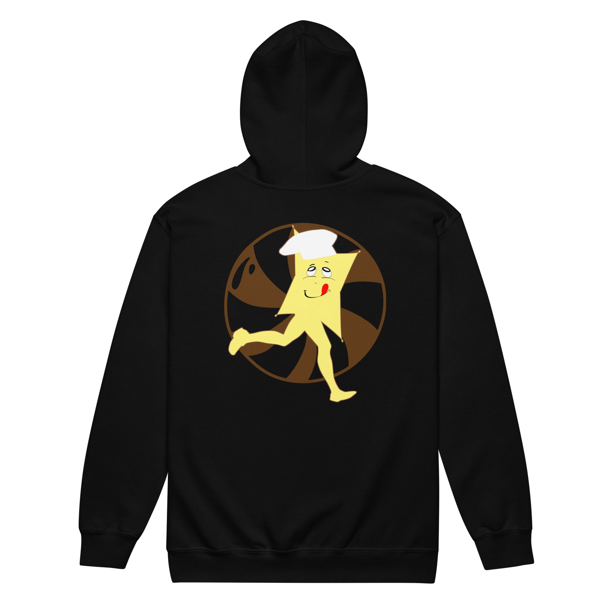 Black hoodie with a cartoon character design on a white background