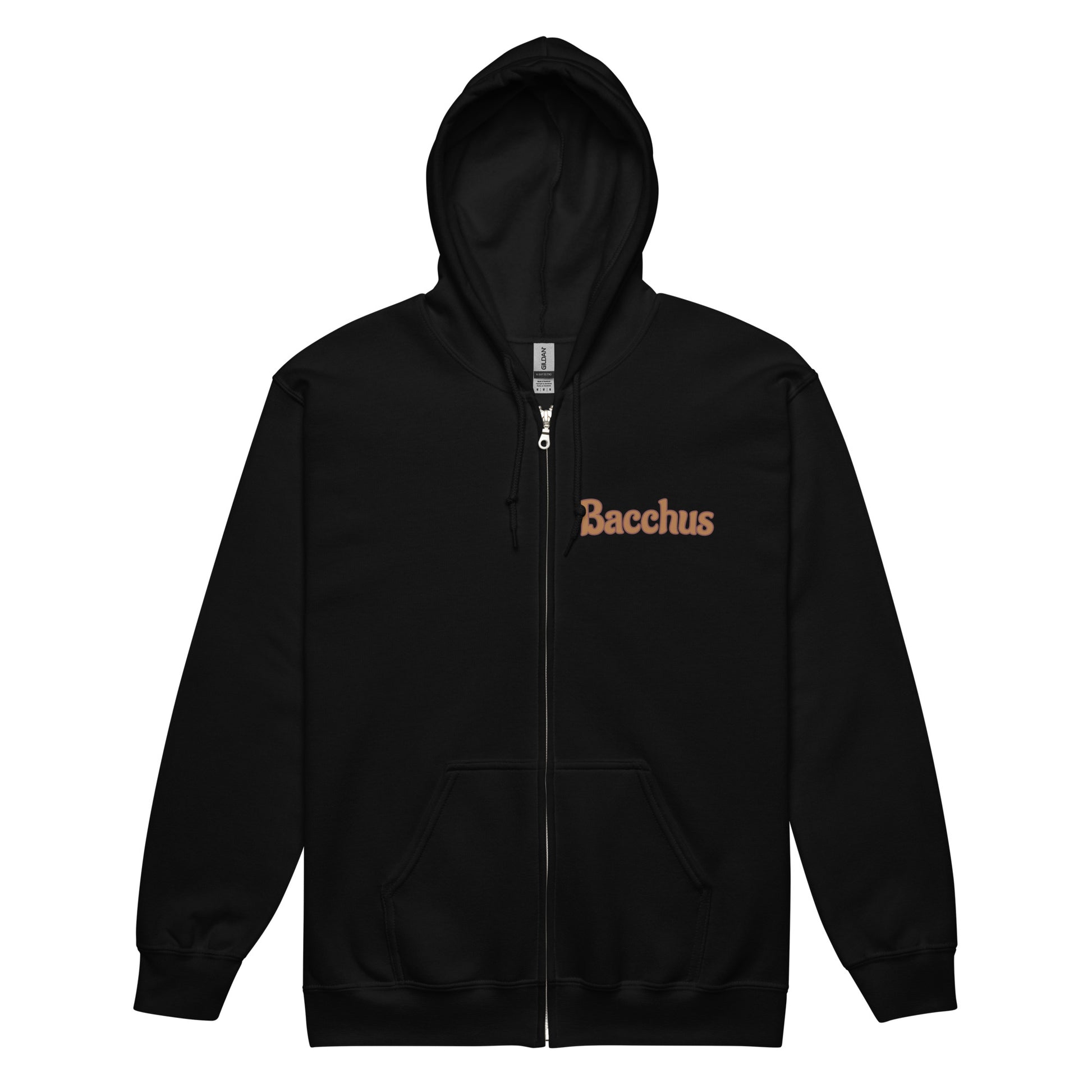Black hoodie front design with 'Bacchus' text on the right in  a marron background