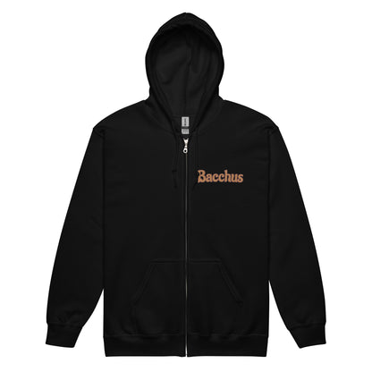 Black hoodie front design with 'Bacchus' text on the right in  a marron background