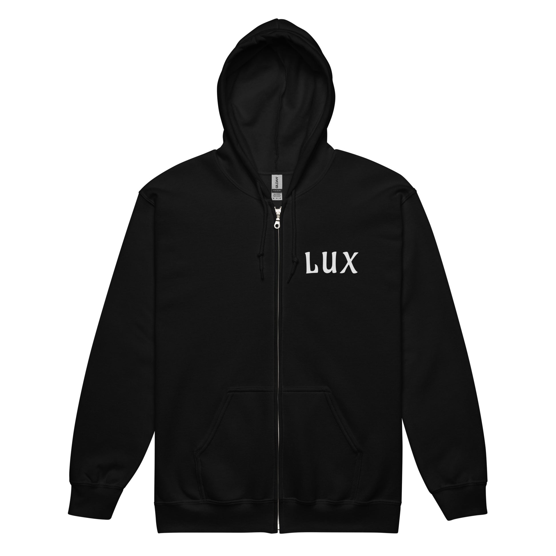 Black zip hoodie with Lux text on a white background in the upper chest