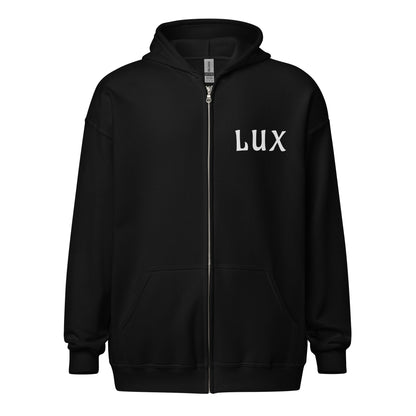 Black zip hoodie with the text Lux on the chest against a white background
