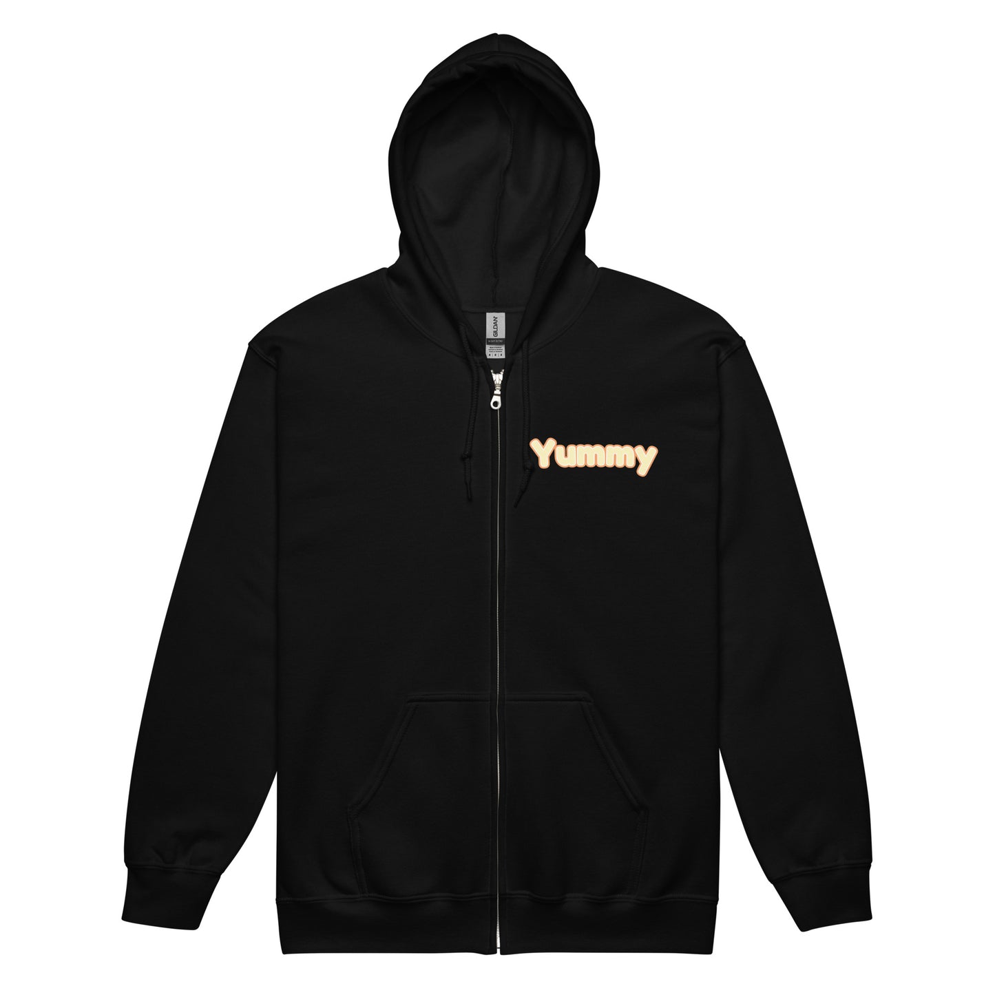 Black zip hoodie with 'Yummy' text on a white background