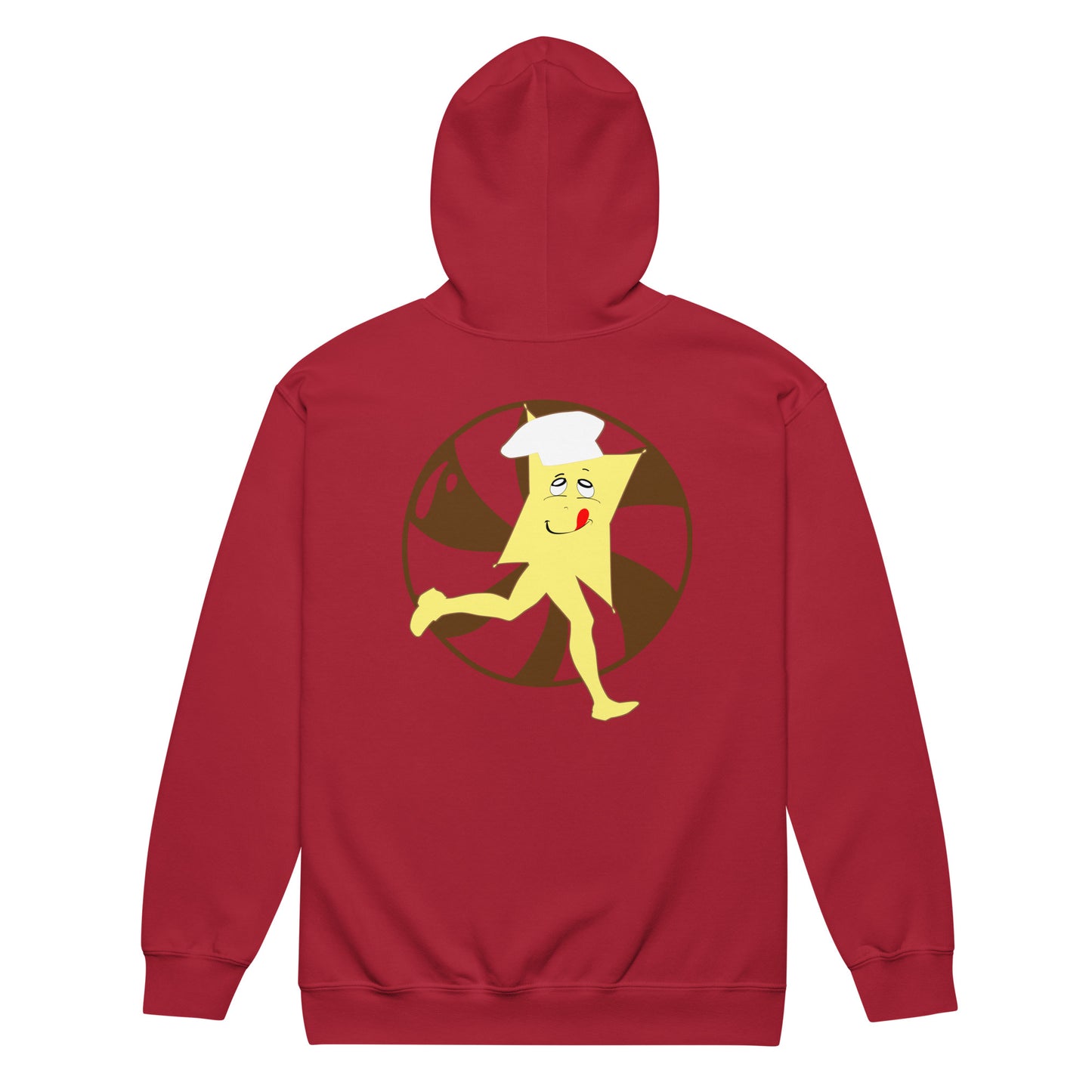 Red hoodie with a cartoon character design on the back against a white background