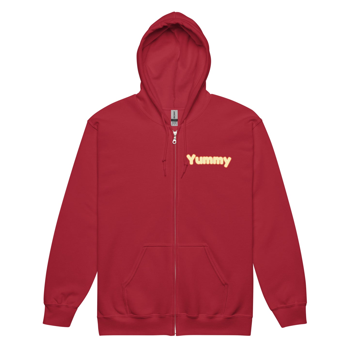 Red zip hoodie with 'Yummy' text on a white background