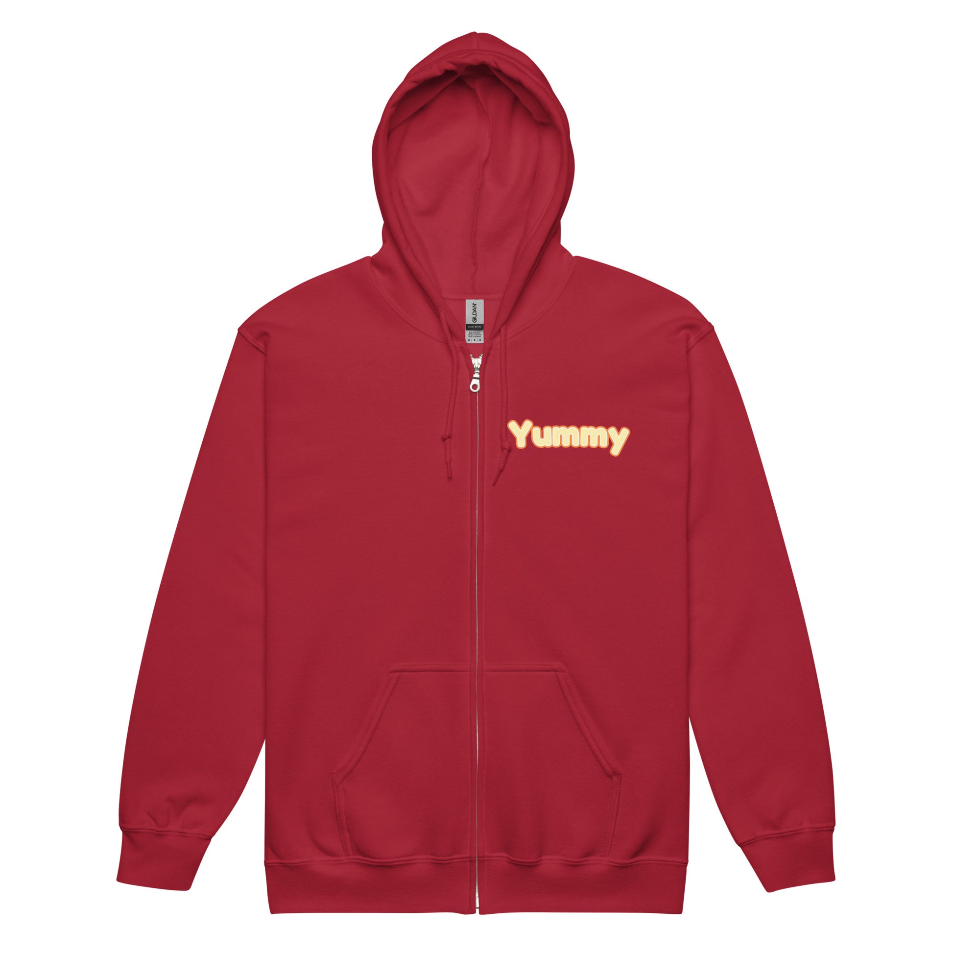 Red zip hoodie with 'Yummy' text on a white background