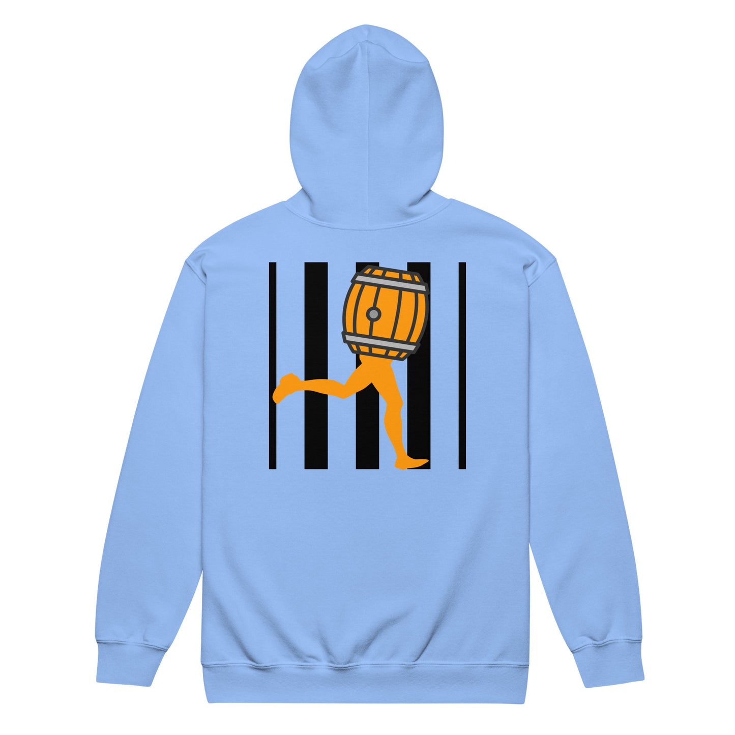 Back view of a light blue hoodie with the  barrel and leg graphic of Bacchus in the orange version and black lines
