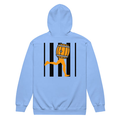 Back view of a light blue hoodie with the  barrel and leg graphic of Bacchus in the orange version and black lines