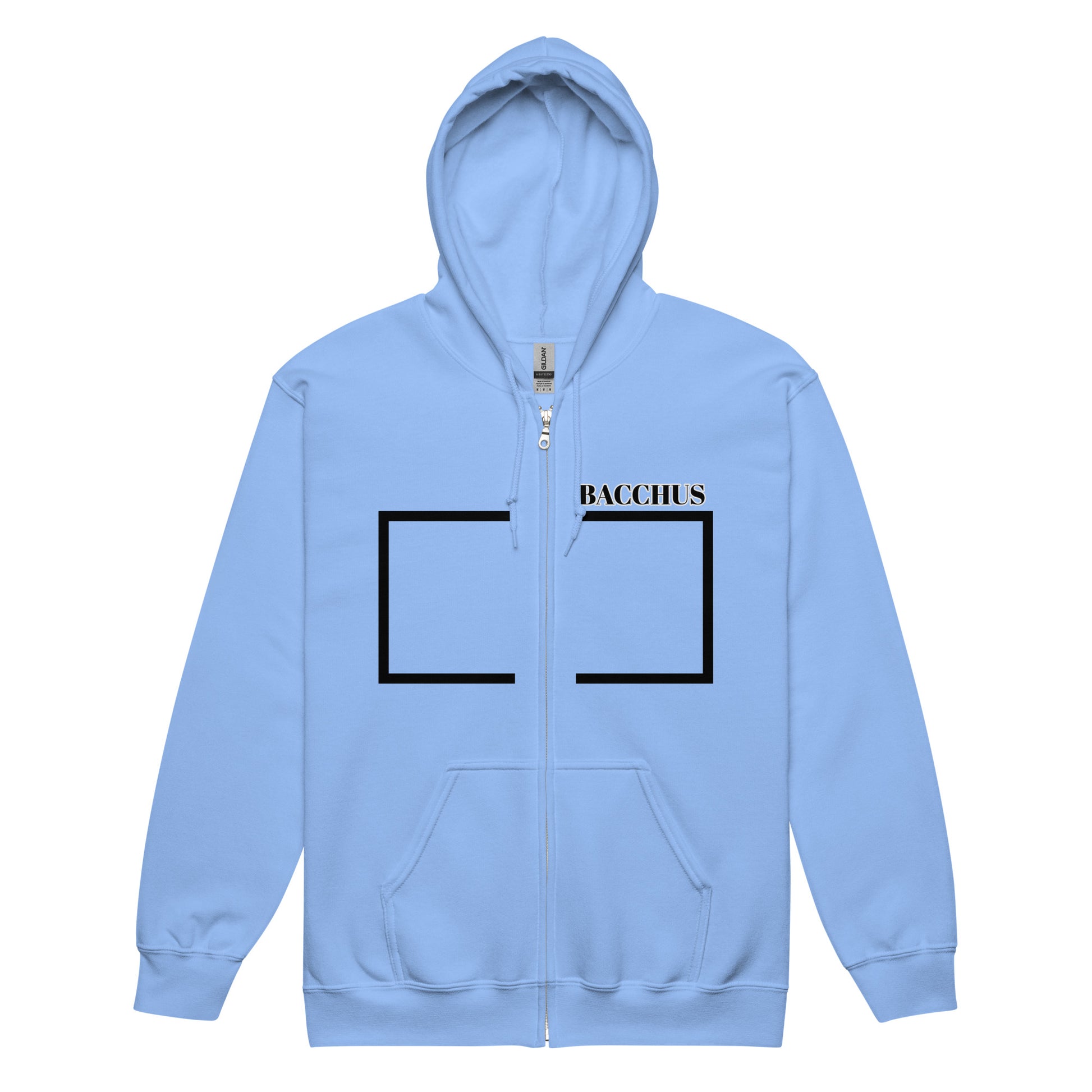 Front views of a light blue zip hoodie with 'Bacchus' text on the right side and a black rectangle 