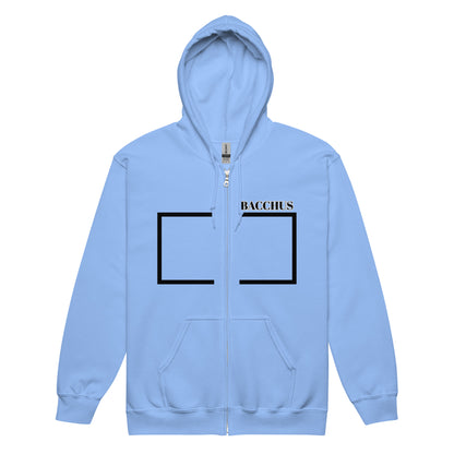 Front views of a light blue zip hoodie with 'Bacchus' text on the right side and a black rectangle 