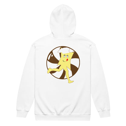 White hoodie with cartoon character design on a white background