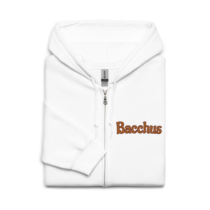 White folded zip hoodie with 'Bacchus' text on a marron background on the right 