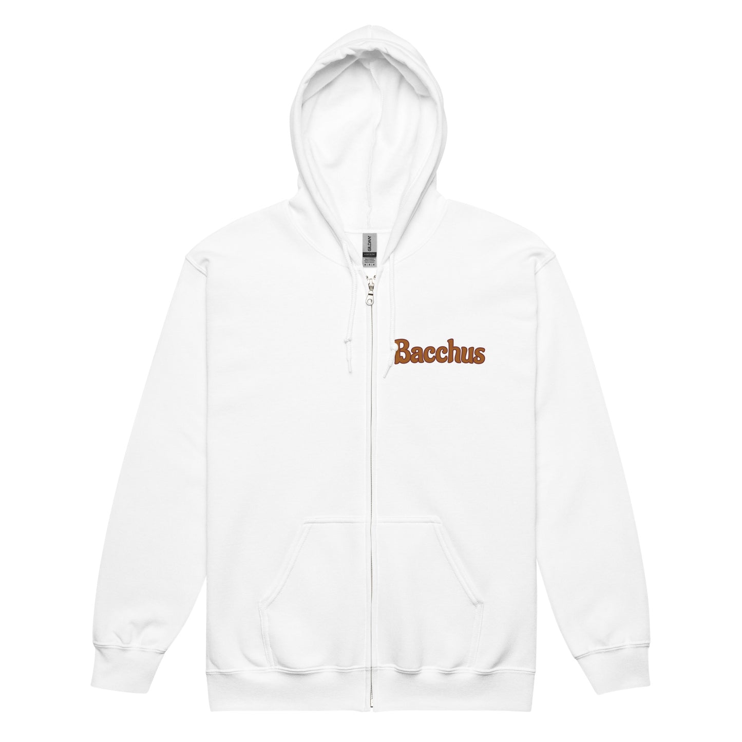 White zip hoodie with 'Bacchus' text on a white background on the right  upper chest 