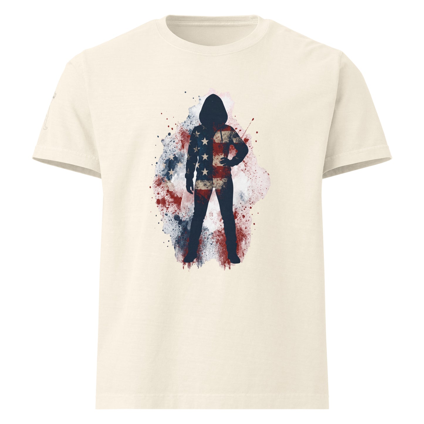 White graphic t-shirt with a design of a person in a suit with the American flag,premium cotton t shirt
